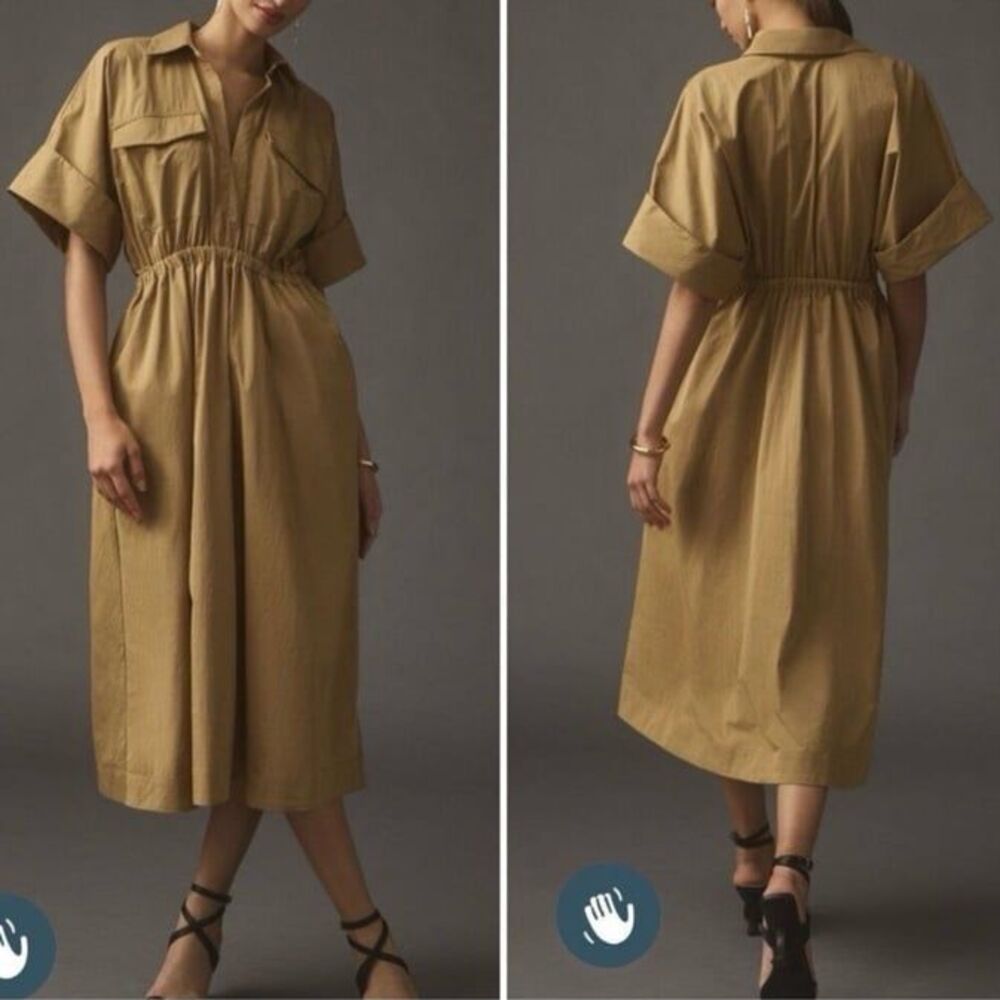 Maeve Anthropologie Taupe Utility Shirt Dress Midi Length Size Large - Picture 11 of 12